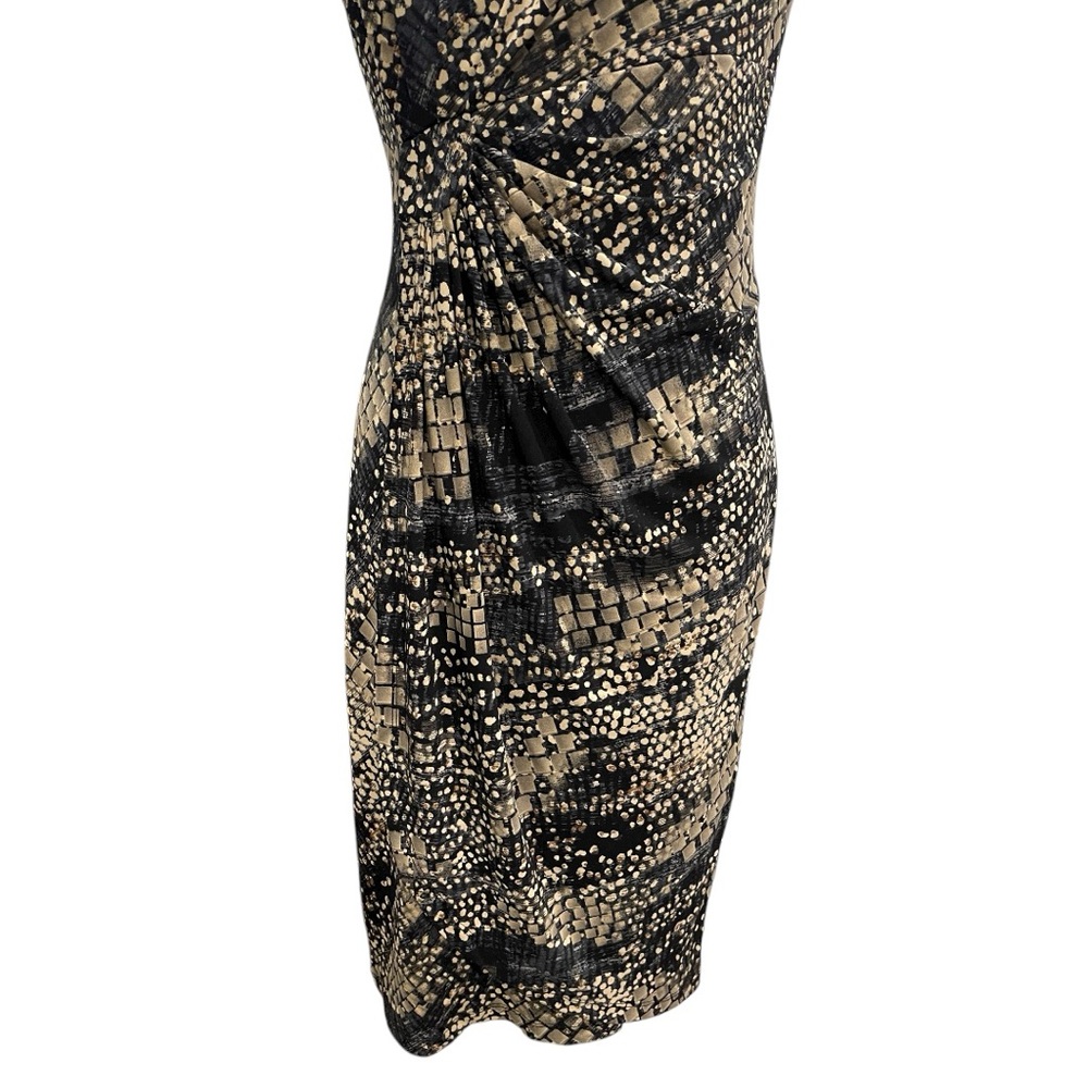 Connected Apparel Blue Black Tan Faux Wrap Dress - Picture 3 of 5